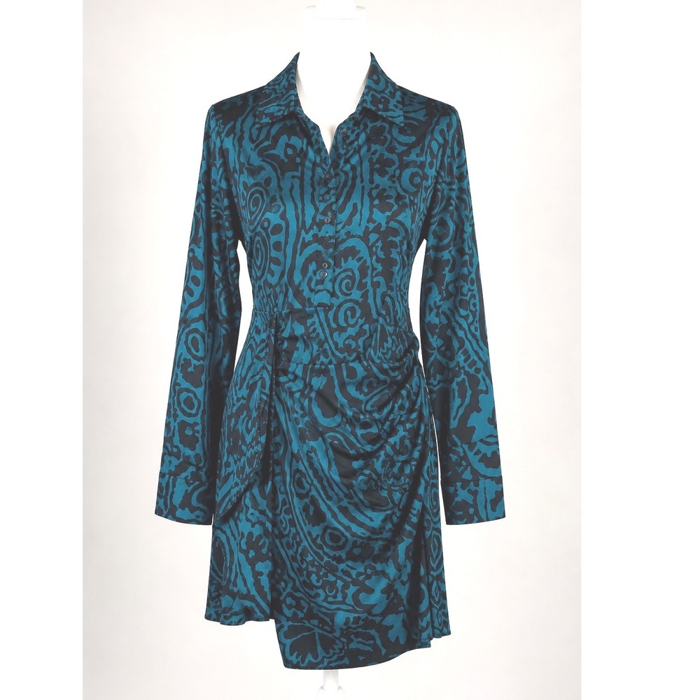 Venti6 LA Teal Abstract Swirl Ruched Mini Dress Long Sleeve Made in Italy S